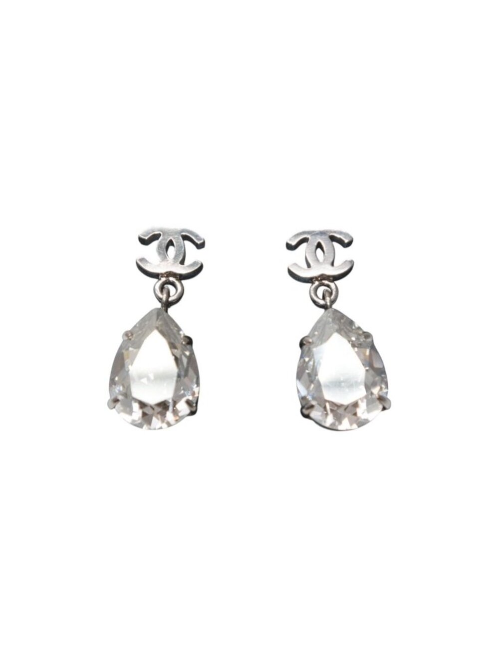 Chanel CC Logo Drop Earrings Metal Rhinestone Clear Silver